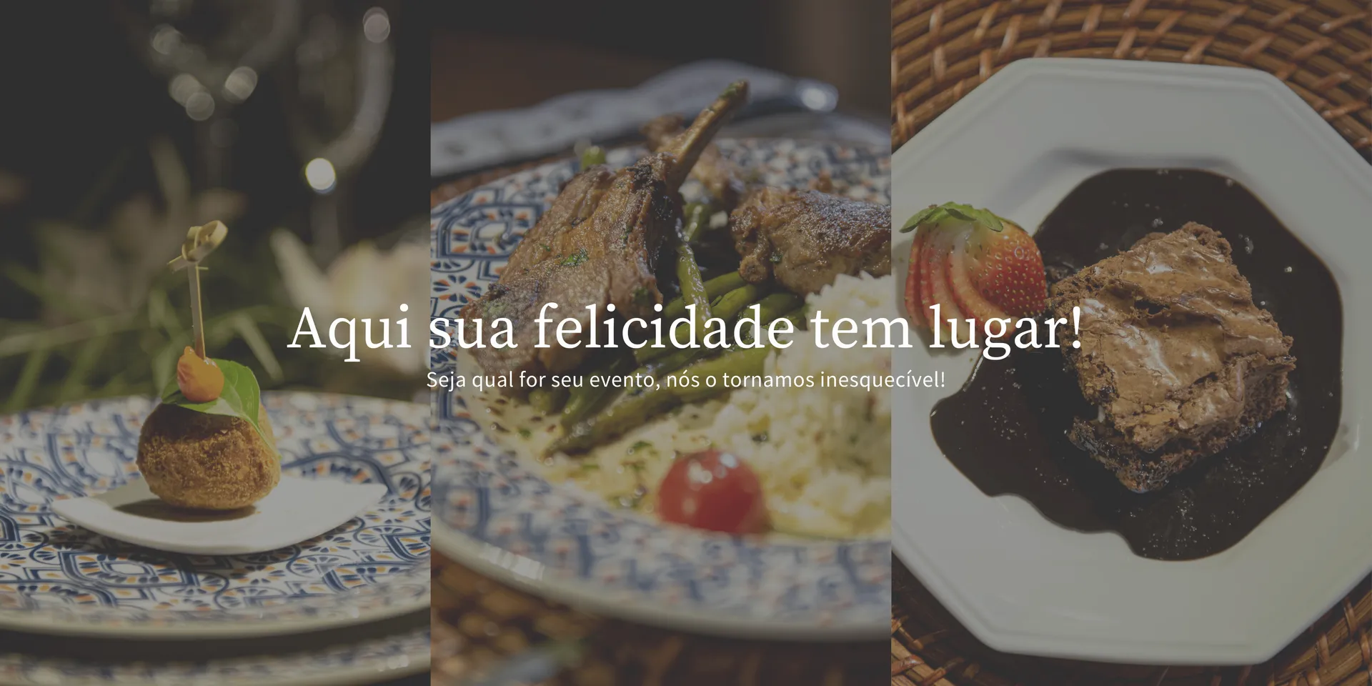 A collage of three pictures of food with the words aqui sua felicidade tem lugar